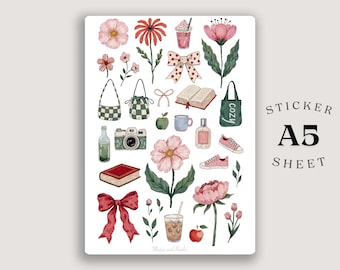 Cozy Floral A5 Sticker Sheet, Cottagecore Planner, Bookish Journal Stickers