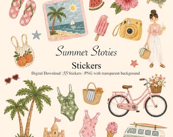 Summer Beach Cottagecore Stickers | Watercolor Beach, Lemonade, Flowers (Digital Download)