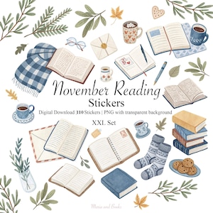 May include: A set of watercolour stickers with a reading theme. The image features open books, mugs of coffee, cosy socks, a scarf, and the text "November Reading Stickers". The stickers are designed for digital use.