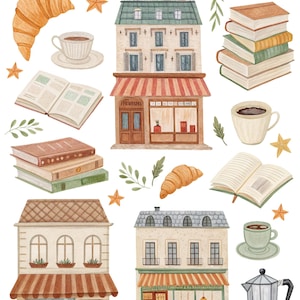 Puede incluir: Ilustraci&oacute;n en acuarela con edificios, libros, tazas de caf&eacute;, cruasanes y estrellas. La imagen incluye una cafetera y el texto "Maria and Books". Los edificios tienen toldos y fachadas detalladas.