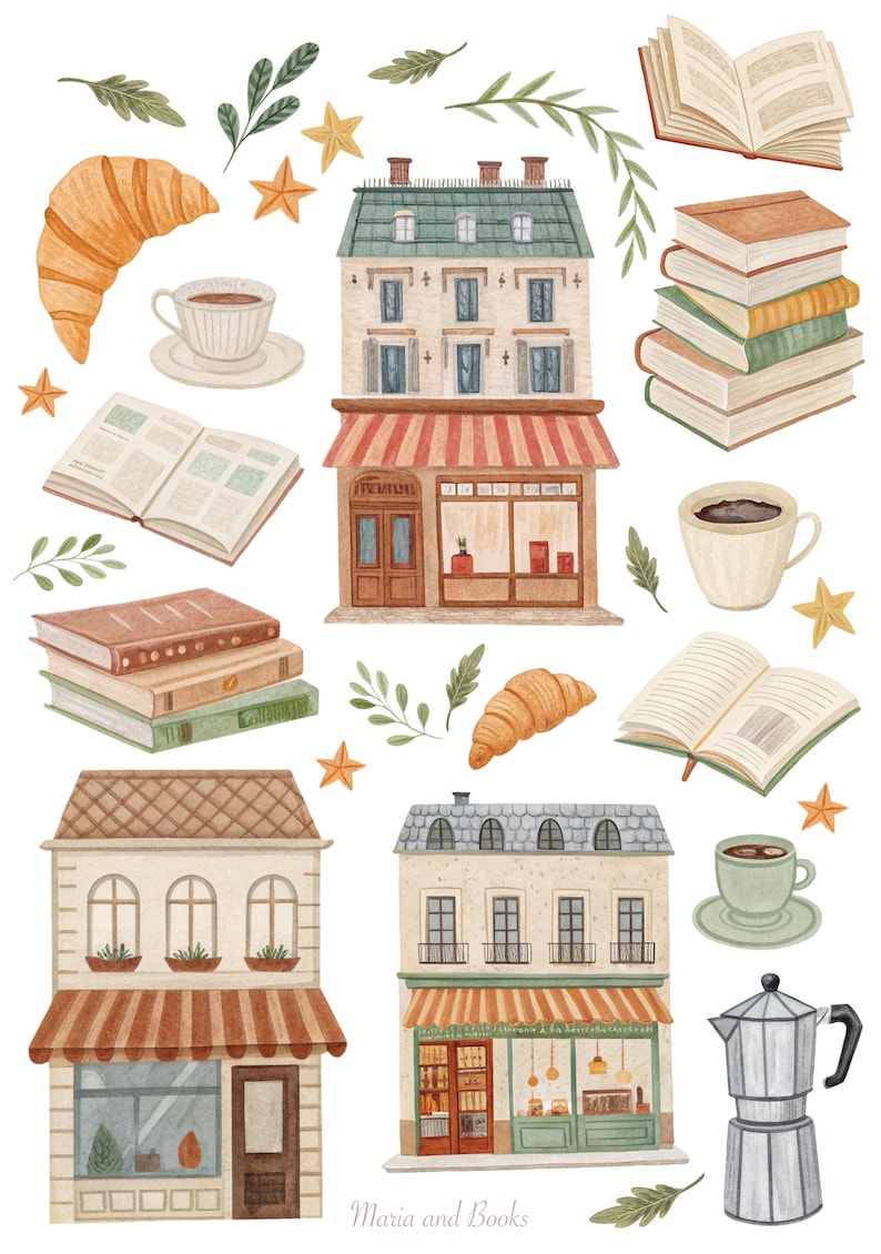 Puede incluir: Ilustraci&oacute;n en acuarela con edificios, libros, tazas de caf&eacute;, cruasanes y estrellas. La imagen incluye una cafetera y el texto "Maria and Books". Los edificios tienen toldos y fachadas detalladas.