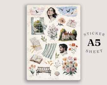 Jane Eyre A5-Stickerbogen, Literaturjournal-Kunst, botanische Aquarellillustrationen