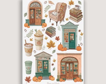 Herbst-Buchshop Stickerbogen: Gemütliche Herbst-Aquarell-Sticker (A5)