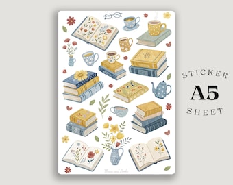 Goldene Lese Aufkleber | Bücherwurm Floral Sticker Bogen A5