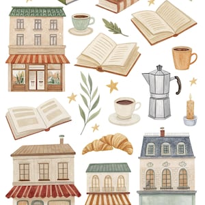 Puede incluir: Ilustraci&oacute;n en acuarela con libros, tazas de caf&eacute;, una cafetera, cruasanes, edificios y estrellas. La imagen tiene una est&eacute;tica vintage y un ambiente acogedor, ideal para amantes de los libros y temas de caf&eacute;.