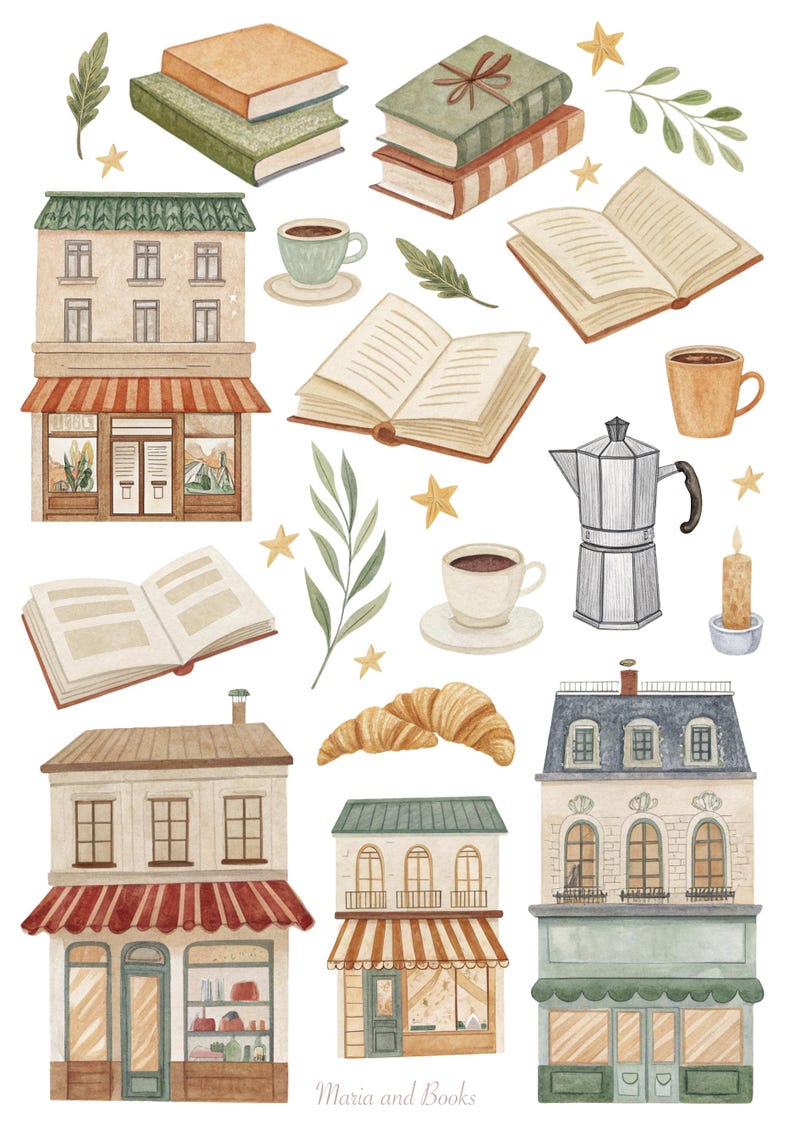 Puede incluir: Ilustraci&oacute;n en acuarela con libros, tazas de caf&eacute;, una cafetera, cruasanes, edificios y estrellas. La imagen tiene una est&eacute;tica vintage y un ambiente acogedor, ideal para amantes de los libros y temas de caf&eacute;.
