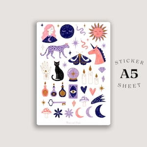 May include: An A5 sticker sheet featuring various illustrations including a person with pink hair, a dark blue moon, a sun, a leopard, a unicorn, a black cat, a moth, a crystal ball, candles, potions, a key, mushrooms, and celestial symbols.