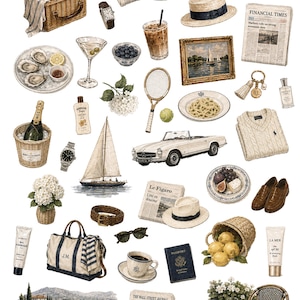 Mediterranean summer sticker pack with sailboats, espresso and seaside villa