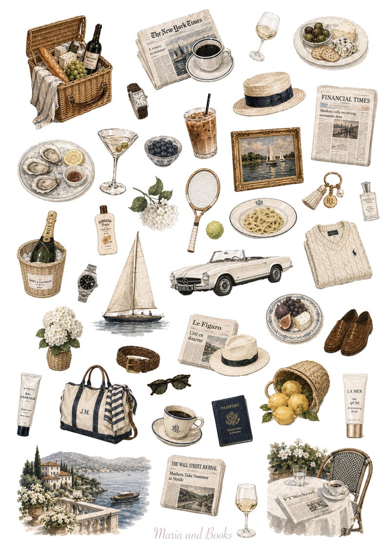 Mediterranean summer sticker pack with sailboats, espresso and seaside villa