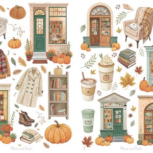 May include: Watercolor illustration featuring cozy autumn elements. Includes pumpkins, books, storefronts, a sweater, a scarf, a coat, and a chair with a blanket. The image has a warm, inviting color palette.
