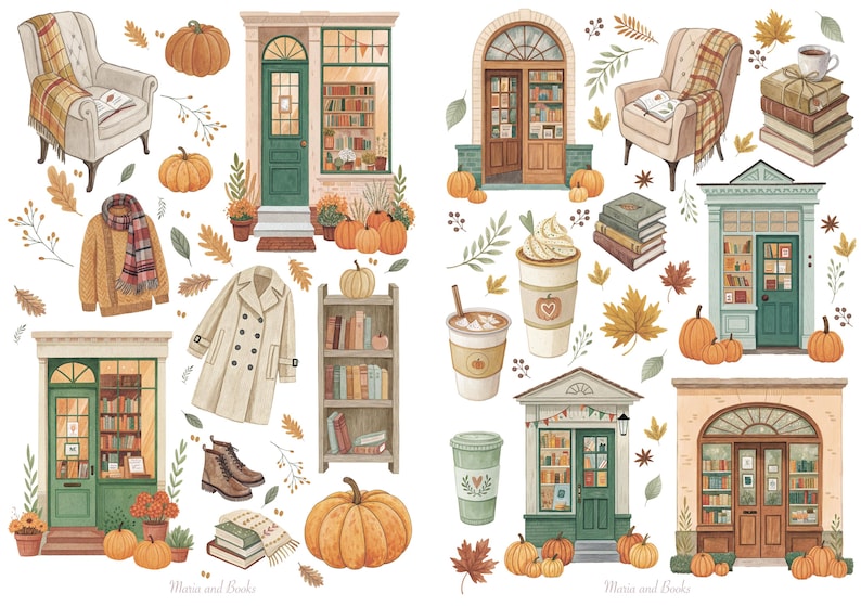 May include: Watercolor illustration featuring cozy autumn elements. Includes pumpkins, books, storefronts, a sweater, a scarf, a coat, and a chair with a blanket. The image has a warm, inviting color palette.