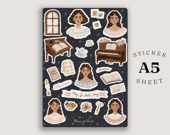 Little Women A5-Stickerbogen | Literarisches Journal, Cottagecore-Dekoration, Gouache-Kunst