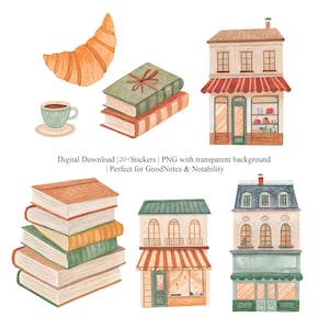 Puede incluir: Pegatinas digitales de acuarela con un cruas&aacute;n, una taza de caf&eacute; y pilas de libros. La imagen tambi&eacute;n incluye ilustraciones de edificios con toldos. El texto dice "Digital Download | 20+ Stickers | PNG with transparent background | Perfect for GoodNotes & Notability."