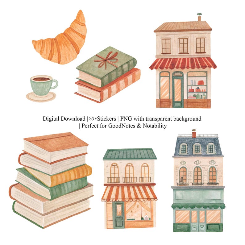 Puede incluir: Pegatinas digitales de acuarela con un cruas&aacute;n, una taza de caf&eacute; y pilas de libros. La imagen tambi&eacute;n incluye ilustraciones de edificios con toldos. El texto dice "Digital Download | 20+ Stickers | PNG with transparent background | Perfect for GoodNotes & Notability."