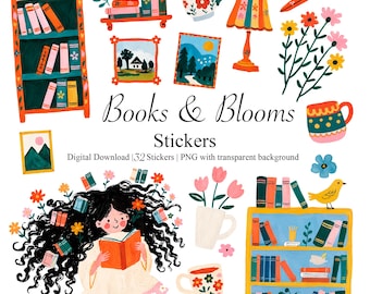 Bücher & Blüten Sticker | Gemütliches Lesejournal PNG (Digital Download)