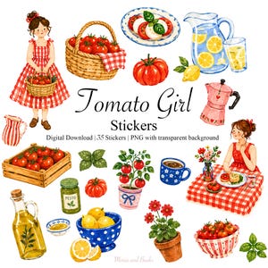 Peut inclure: Un ensemble d'autocollants numériques intitulé Tomato Girl Stickers présentant des illustrations à l'aquarelle d'une fille en robe vichy rouge, un panier de tomates, une salade caprese, de la limonade, une cafetière italienne et des légumes.