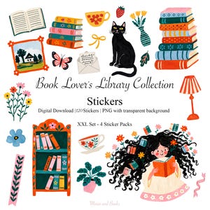 Book Lover's Library Collection Stickers | 120 Bookish PNG Stickers Bundle | Reading Journal, Bookshelves, Cozy Reader & Library Stickers