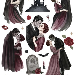 Vampire romance stickers cover image with gothic couple, dripping candles and vintage book illustration