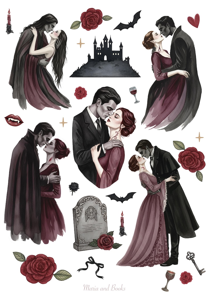 Vampire romance stickers cover image with gothic couple, dripping candles and vintage book illustration
