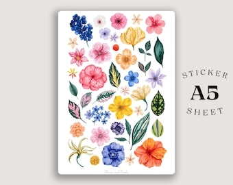 Botaniska blomklistermärken A5-ark, akvarellblomklistermärken, Cottagecore-planerarklistermärken, färgglada blommor för dagbok, scrapbookingdekor