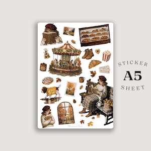 May include: An A5 sticker sheet featuring various illustrations including a carousel, a person reading a book, a dog in a yellow coat, pastries, autumn leaves, boots, and a window. The text "STICKER A5 SHEET" is printed on the right side of the image.
