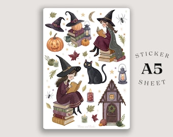 Bookish Witch A5 Sticker Blatt: Cozy Autumn Matte Vinyl Stickers