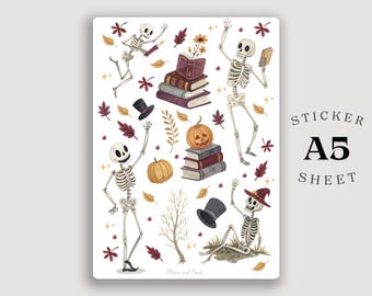 Bücherwurm Skelett A5 Sticker Blatt: Cozy Gothic Autumn Matte Vinyl