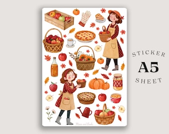 Apfelkuchen Sticker Bogen: Kürbisse, Kürbisse, Herbstgebäck (A5 Matte Vinyl)