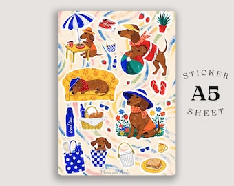 Dackel Stickerbogen A5 | Niedliche Dackel Aufkleber | Picknick & Strand Sticker | Vinyl-Aufkleber