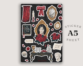 Dorian Gray Stickerbogen A5 | Gothic-Buchsticker | Oscar Wilde Sticker | Dark Academia Schreibwaren | Literarische Vinyl-Sticker