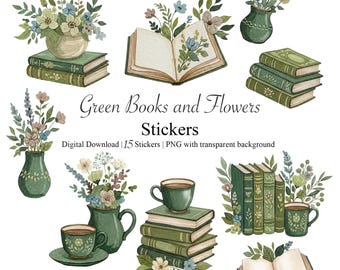 Bücher und Blumen Sticker | Botanische Lektüre | PNG für GoodNotes | Bücherwurm-Planer