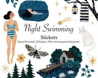 Nachtschwimmen Aufkleber | Handgemaltes Gouache Sommer Journaling Paket (Digitaler Download)