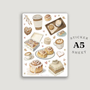 Könnte beinhalten: A5-Aufkleberbogen mit Aquarellillustrationen von Zimtschnecken, Kaffeetassen und einem Stapel Pullover. Der Bogen enthält den Text "Sticker A5 Sheet".