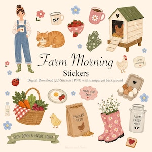 Cozy farm morning digital stickers set, cottagecore style PNG pack with girl, chicken, cow, flowers and cute farm elements for GoodNotes journaling