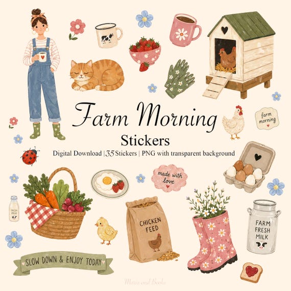 Farm Morning Stickers | Watercolor Cottagecore PNG Pack (Digital Download)