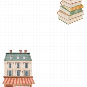 Puede incluir: Ilustraci&oacute;n en acuarela de un diario de lectura titulado "My Reading Journal". La imagen presenta una pila de libros, un edificio con una tienda y una taza de caf&eacute; sobre un fondo cuadriculado.