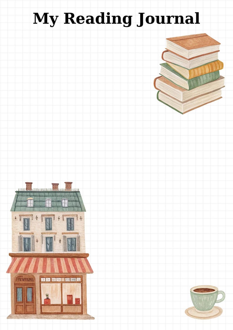 Puede incluir: Ilustraci&oacute;n en acuarela de un diario de lectura titulado "My Reading Journal". La imagen presenta una pila de libros, un edificio con una tienda y una taza de caf&eacute; sobre un fondo cuadriculado.