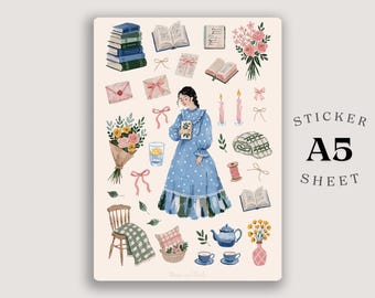 Bokliknande Cottagecore-klistermärken i A5-format, Planerare för mysiga läsningar, Jane Austen-inspirerade klistermärken, Romantiska dagboksklistermärken
