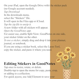 Puede incluir: Una gu&iacute;a digital titulada "Importar pegatinas en GoodNotes" y "Editar pegatinas en GoodNotes" sobre un fondo beige. La gu&iacute;a incluye instrucciones para descargar, descomprimir y usar pegatinas dentro de la aplicaci&oacute;n GoodNotes. Un jarr&oacute;n de girasoles est&aacute; a la derecha.