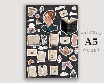 Jane-Austen-Stickerbogen A5 | Sticker für Bücherliebhaber aus der Regency-Ära | Planer-Sticker im Stil von Dark Academia | Geschenk für Bücherfreunde
