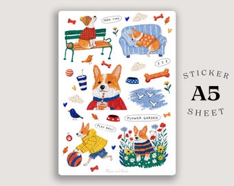 Cute Corgi Sticker Sheet A5, Cozy Dog Stickers, Cottagecore Puppy Stickers, Watercolor Pet Stickers, Cute Planner Stickers