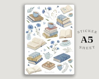 Blaue Lese Aufkleber - Bücherwurm Blau Blumen Aufkleber Bogen A5