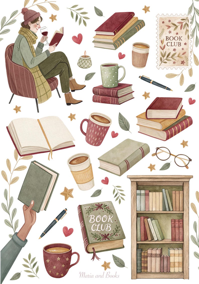 Watercolor Book Club Stickers: Cozy Reading PNG Clipart (digital ...