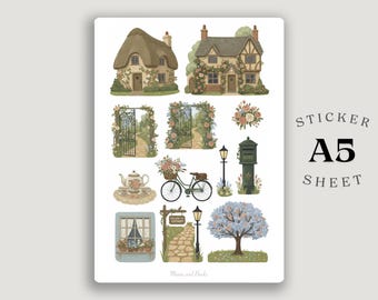 Cottagecore Stickerbogen – Aquarell Englischer Garten, Dorfplaner Sticker