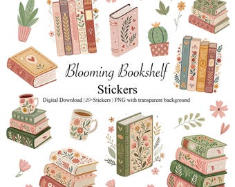 Estantería floreciente / Libros, té y flores de estilo cottagecore / Planificador digital
