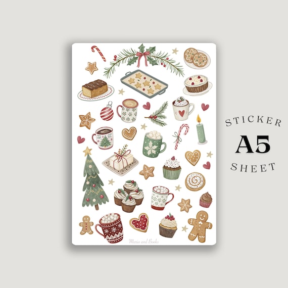 Christmas Sweets A5 Sticker Sheet • Holiday Baking • Hot Cocoa & Cupcake  • Festive Dessert Stickers