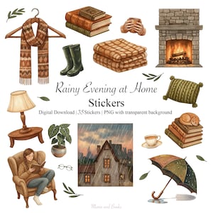 May include: A collection of watercolour illustrations featuring a scarf, books, a blanket, a fireplace, and a house in the rain. The text reads "Rainy Evening at Home Stickers". The image evokes a cosy atmosphere.