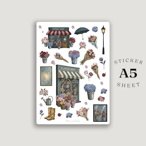 Cartela de adesivos A5 com estampa de floricultura em aquarela aconchegante – Adesivos florais para diário no estilo cottagecore