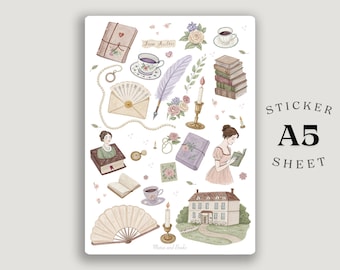 Jane Austen Sticker Bogen A5 – Vintage Bücherwurm Matte Vinyl Sticker