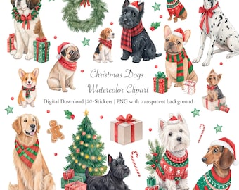 May include: Watercolor clipart featuring various dog breeds adorned with Christmas-themed accessories. The image includes a wreath, Christmas tree, wrapped gifts, and the text "Christmas Dogs Watercolor Clipart". The dogs are wearing Santa hats and festive sweaters.